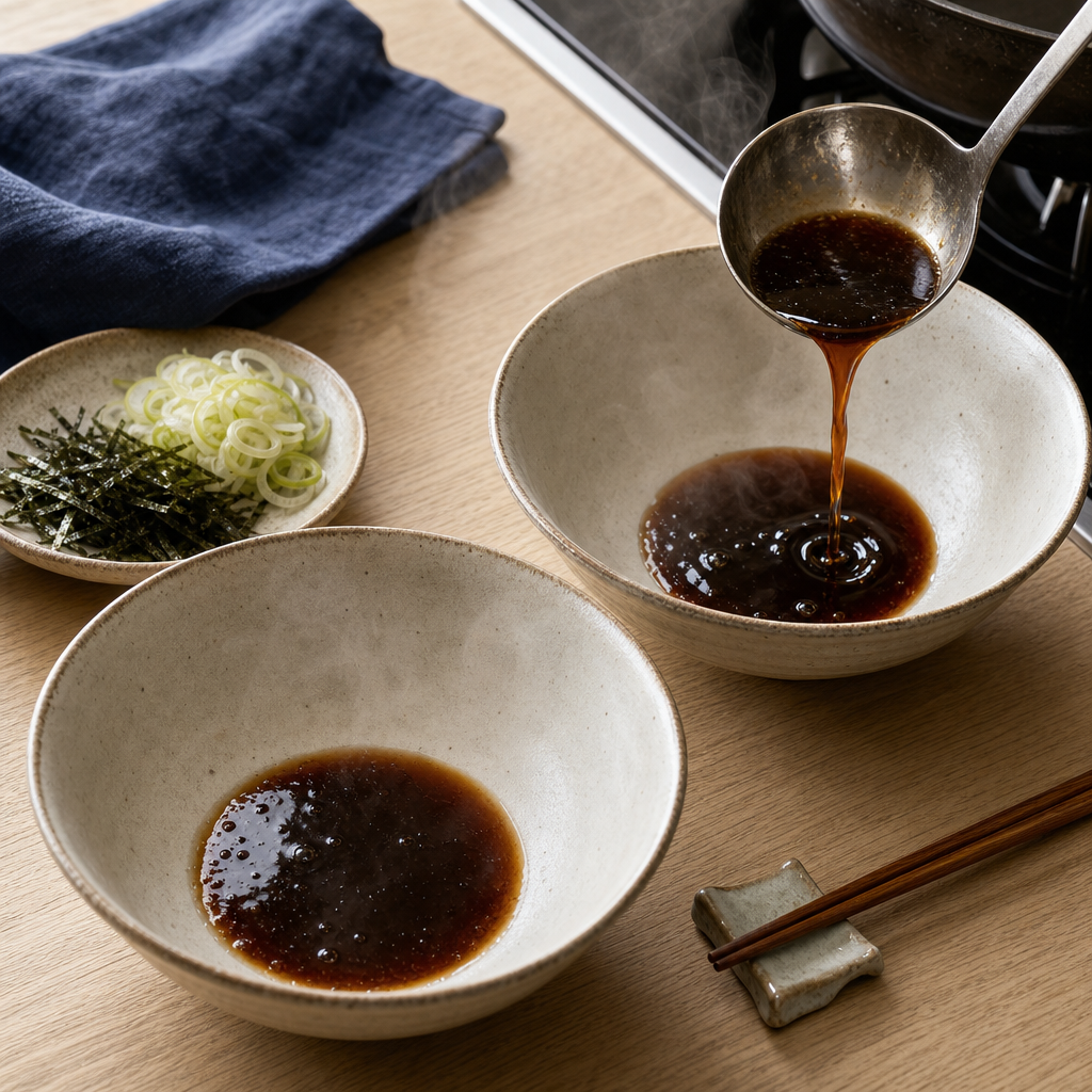 Abura Soba step 3: Divide tare into hot bowls