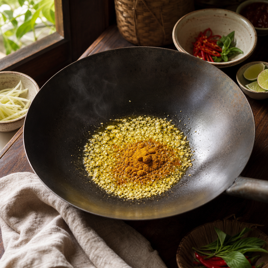 Crab Stir-Fried with Curry Powder step 4: Bloom garlic and curry powder