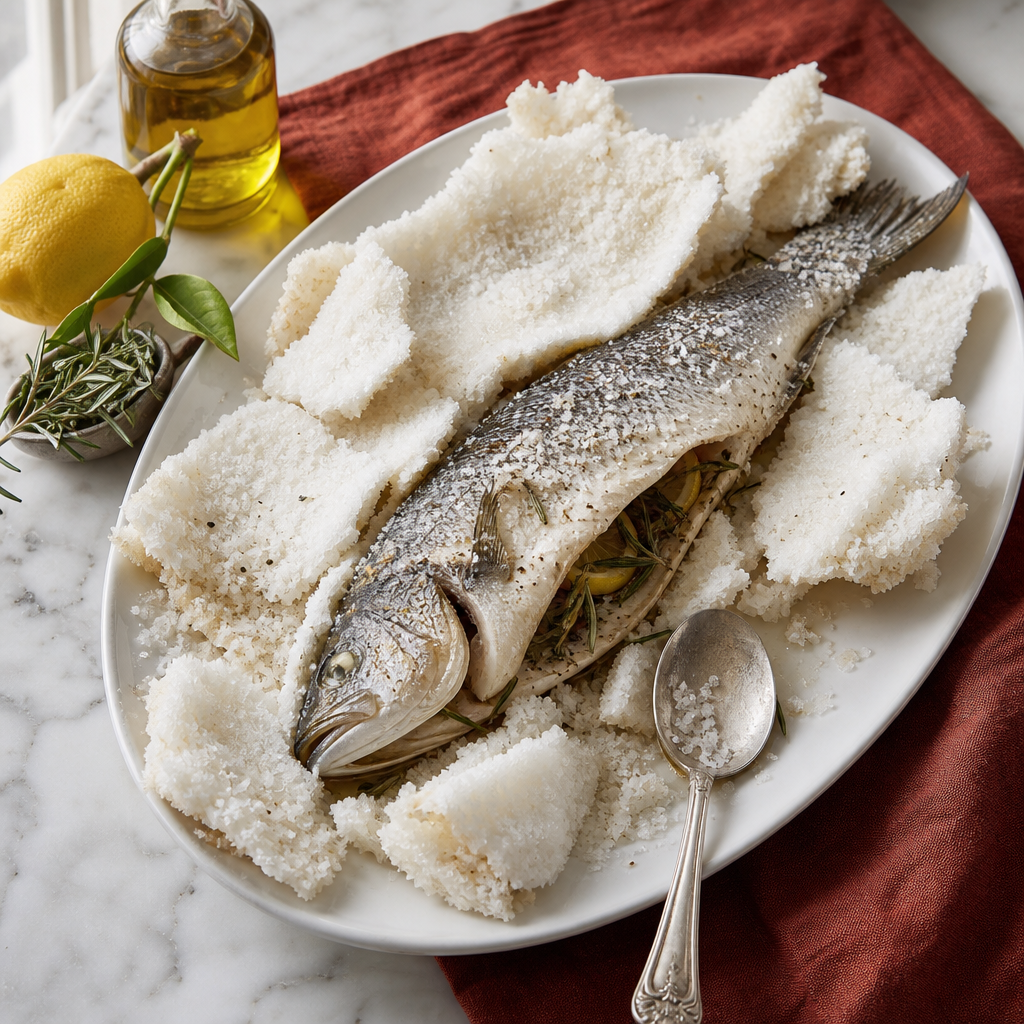 Branzino al Sale step 8: Crack and remove the salt
