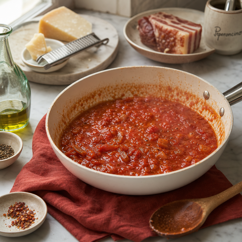 Bucatini Amatriciana step 4: Reduce the tomato