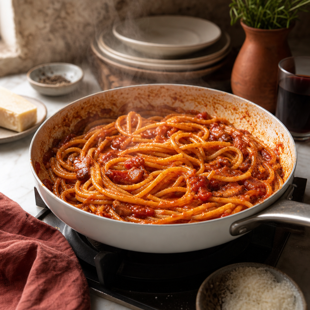 Bucatini Amatriciana step 6: Finish in the pan