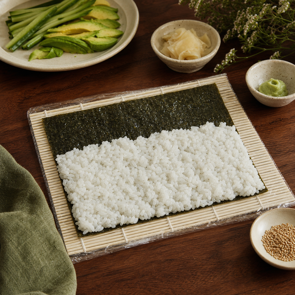 California Roll step 5: Set the nori and rice