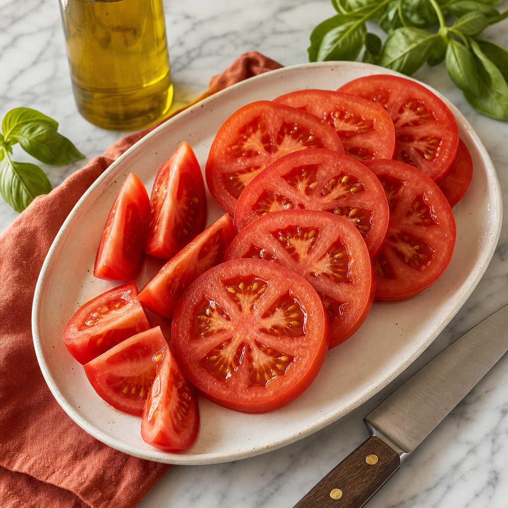 Caprese Salad step 2: Slice for contact, not height