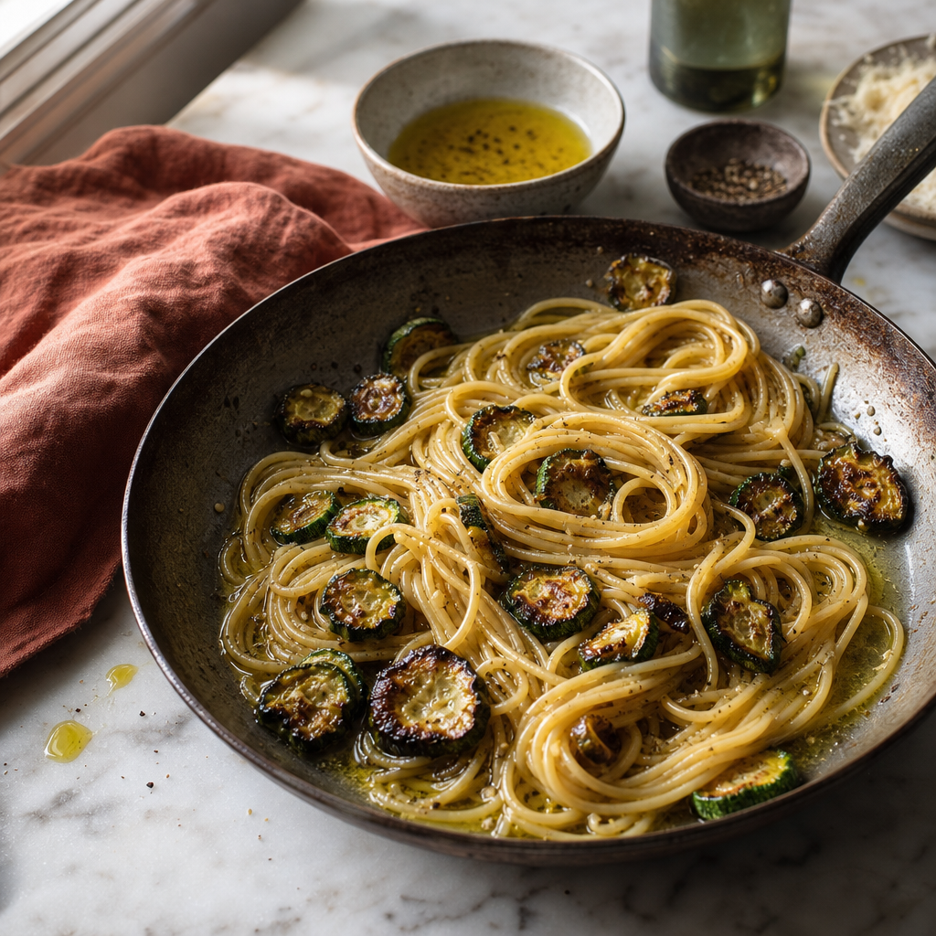 Zucchini Carbonara step 4: Coat the pasta with zucchini oil