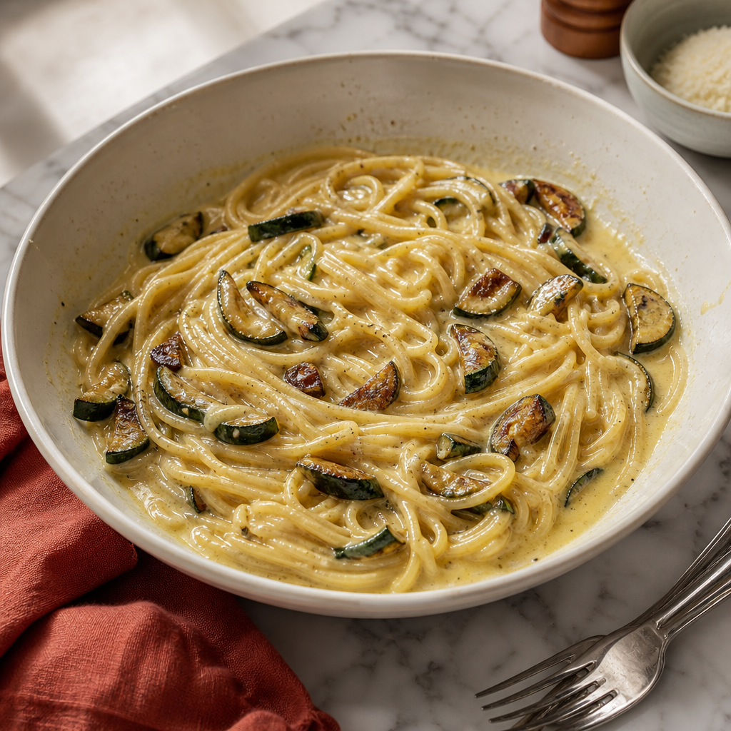 Zucchini Carbonara step 6: Finish with basil and pepper