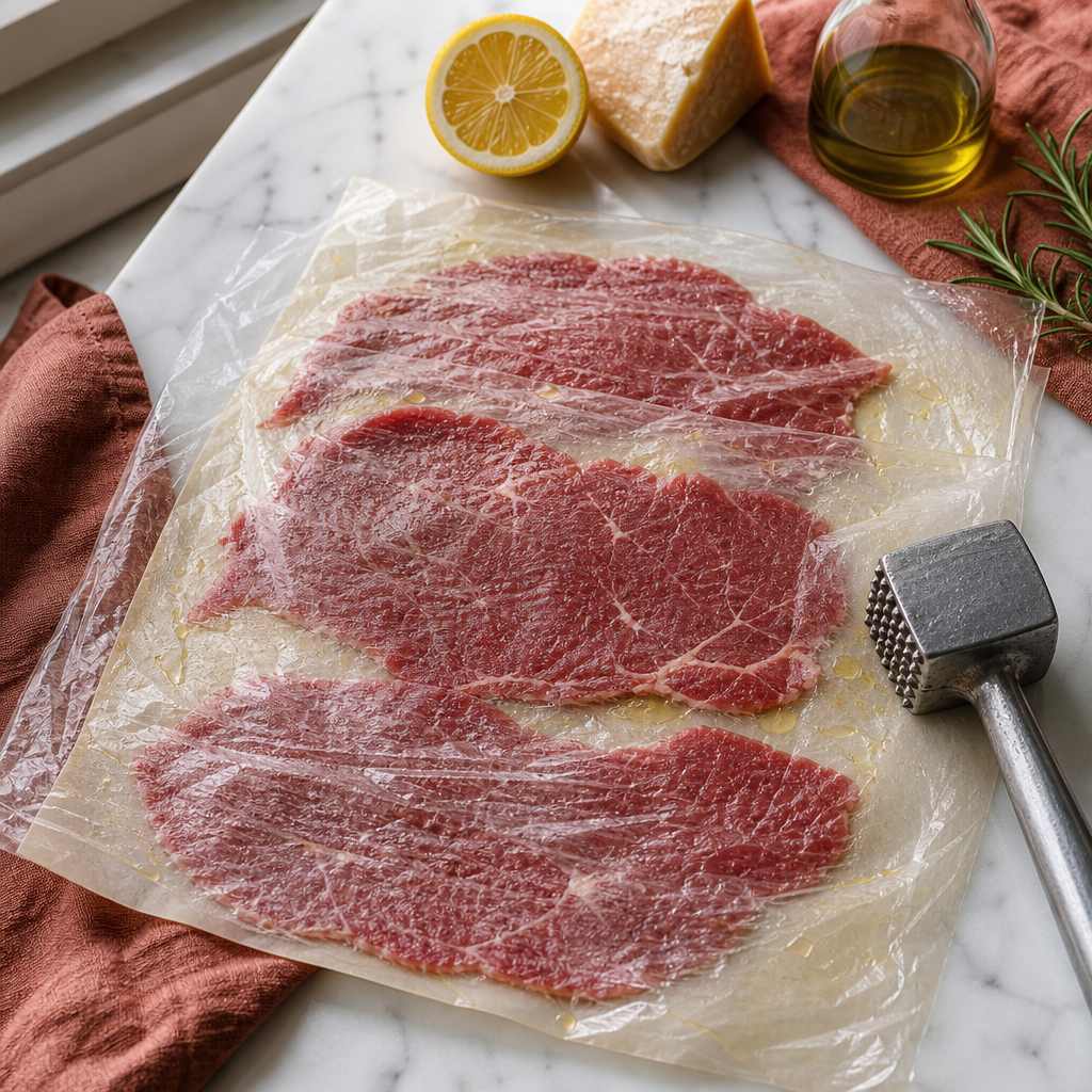 Beef Carpaccio step 4: Pound between film