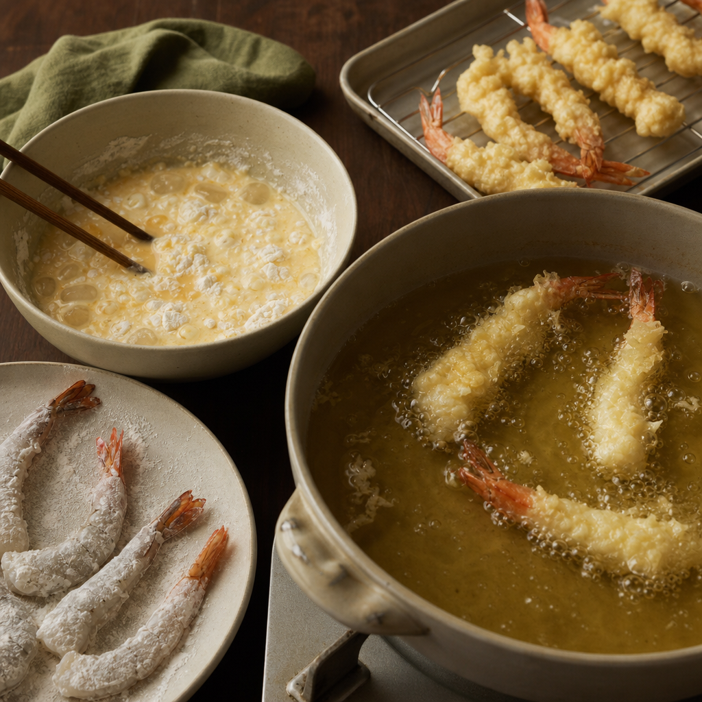 Dragon Roll step 5: Fry the shrimp tempura