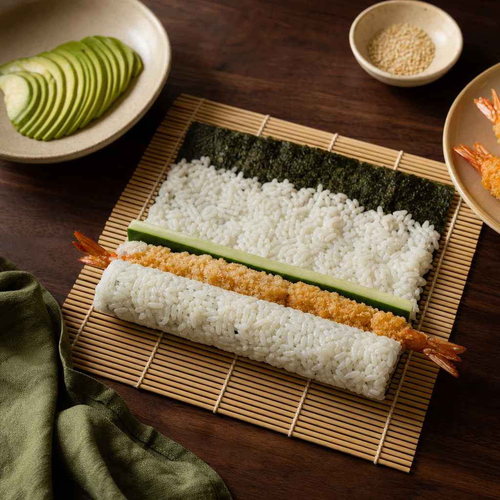 Dragon Roll step 7: Roll the uramaki