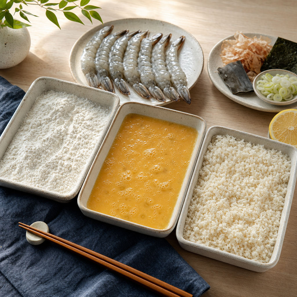 Ebi Fry step 5: Set the breading station