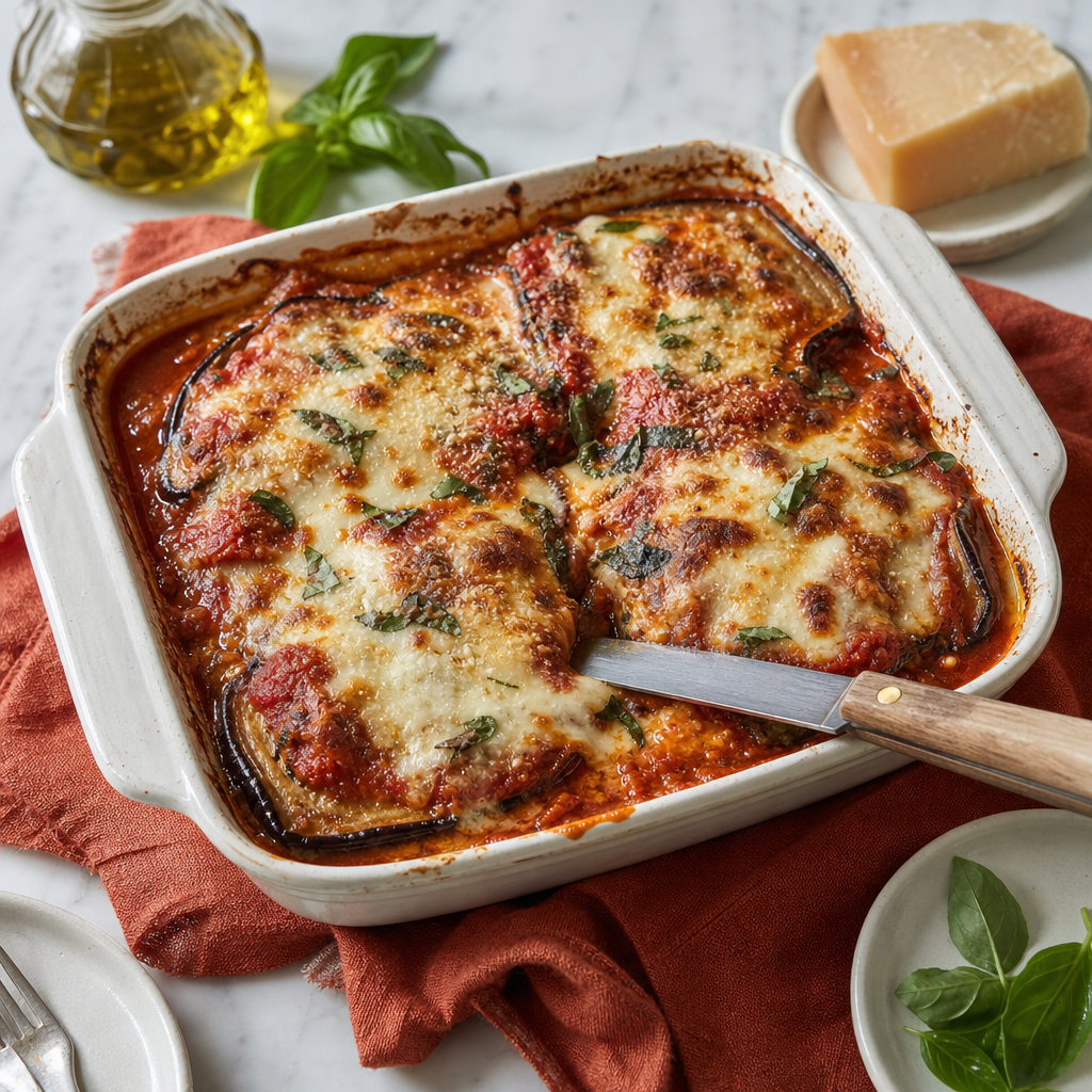 Eggplant Parmigiana step 7: Bake until bubbling and set at the edges