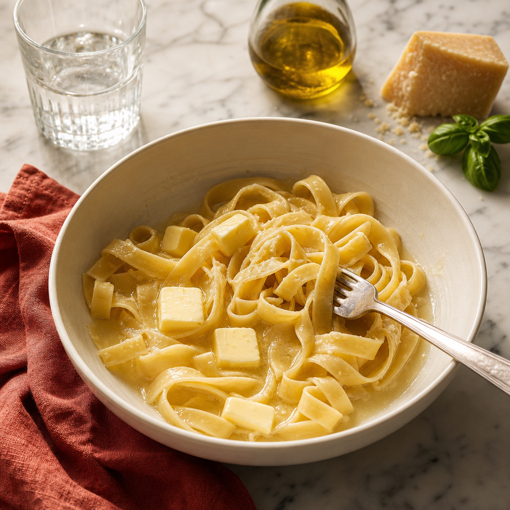 Fettuccine Alfredo step 4: Melt the butter through the pasta