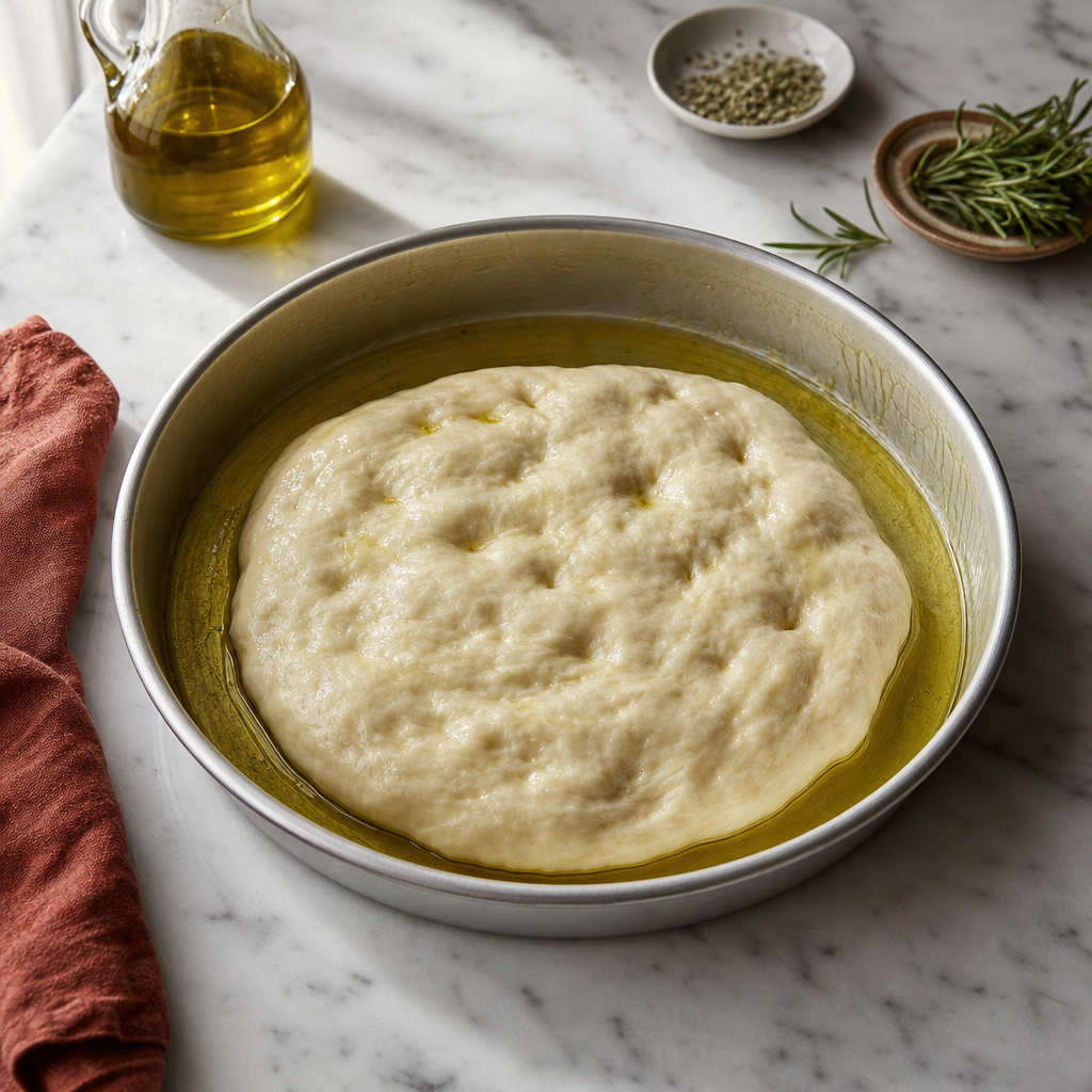 Focaccia Barese step 5: Oil the pan and spread the dough