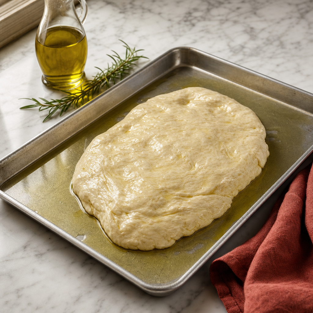 Focaccia Genovese step 3: Oil the pan hard