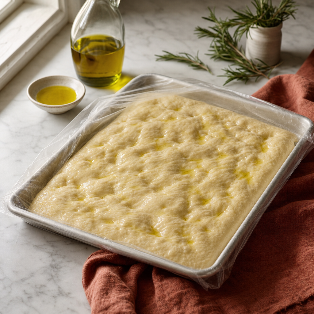 Focaccia Genovese step 5: Proof in the pan