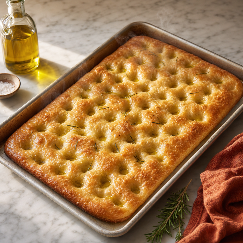 Focaccia Genovese step 8: Bake until amber at the edges