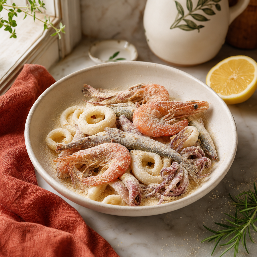 Fritto Misto di Mare step 4: Dredge one batch