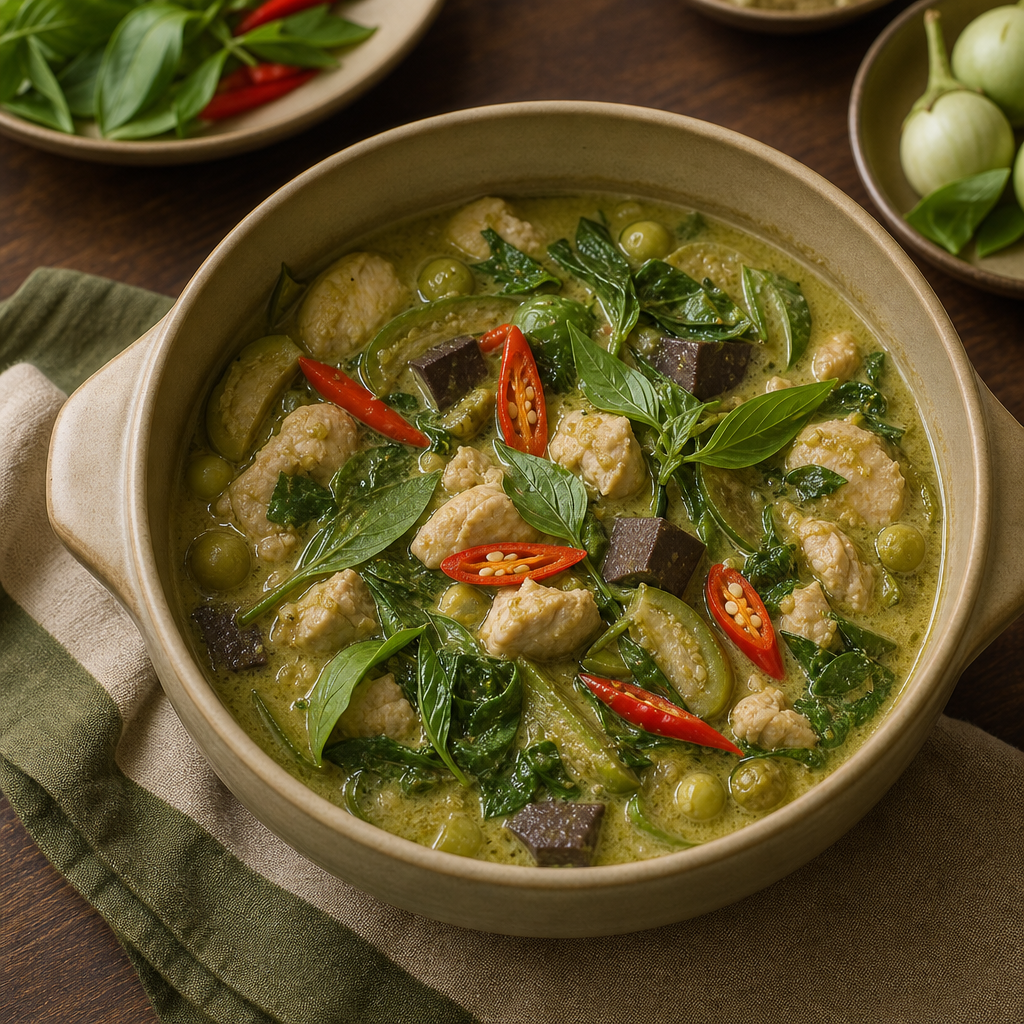 Green Curry Chicken step 8: Finish with basil and red chili