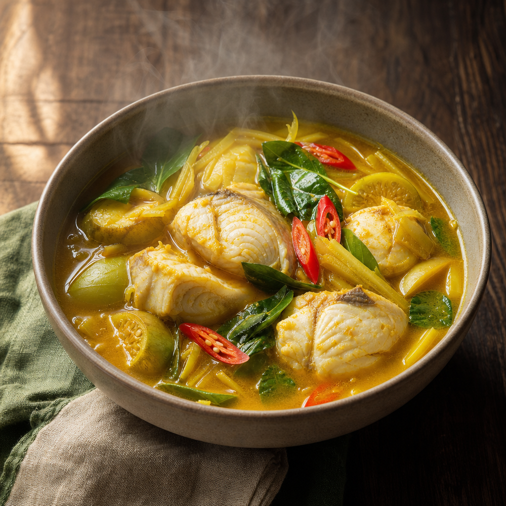 Southern Thai Sour Curry with Fish — finished dish
