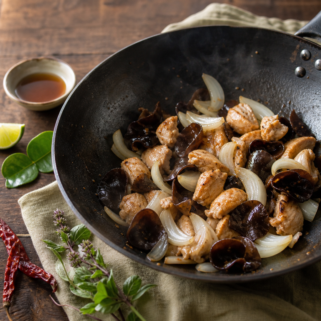 Thai Ginger Chicken Stir-Fry step 6: Add mushrooms and onion