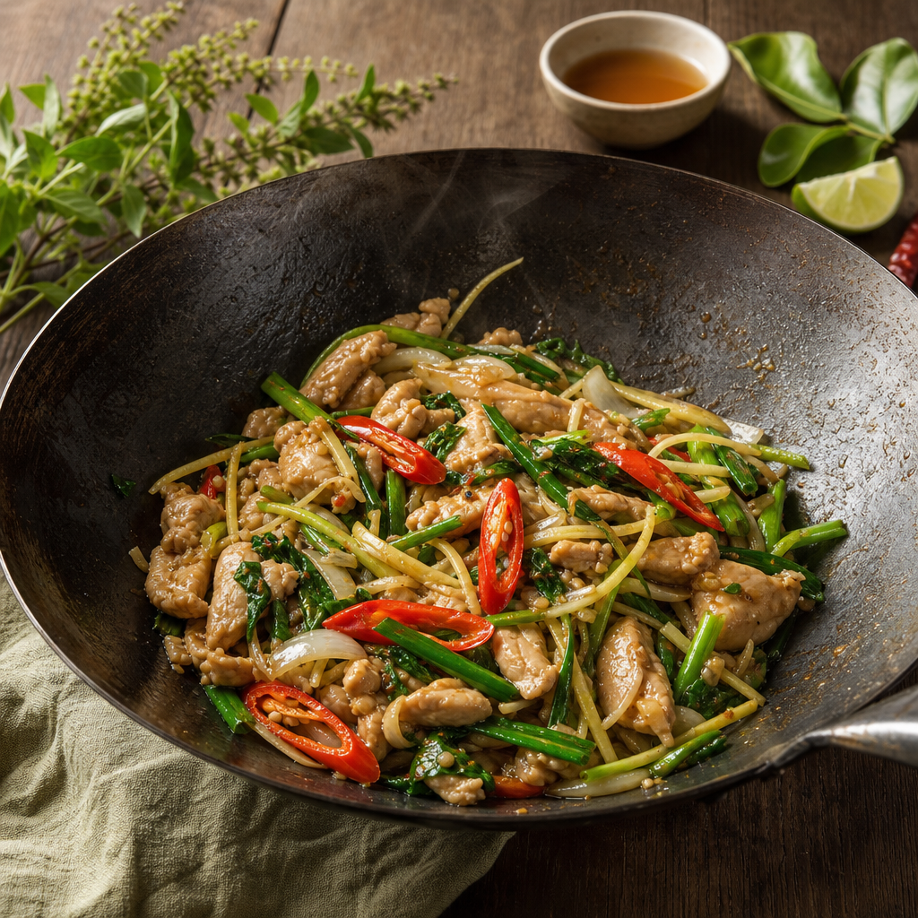 Thai Ginger Chicken Stir-Fry step 8: Finish with fresh ginger, chili, and scallion
