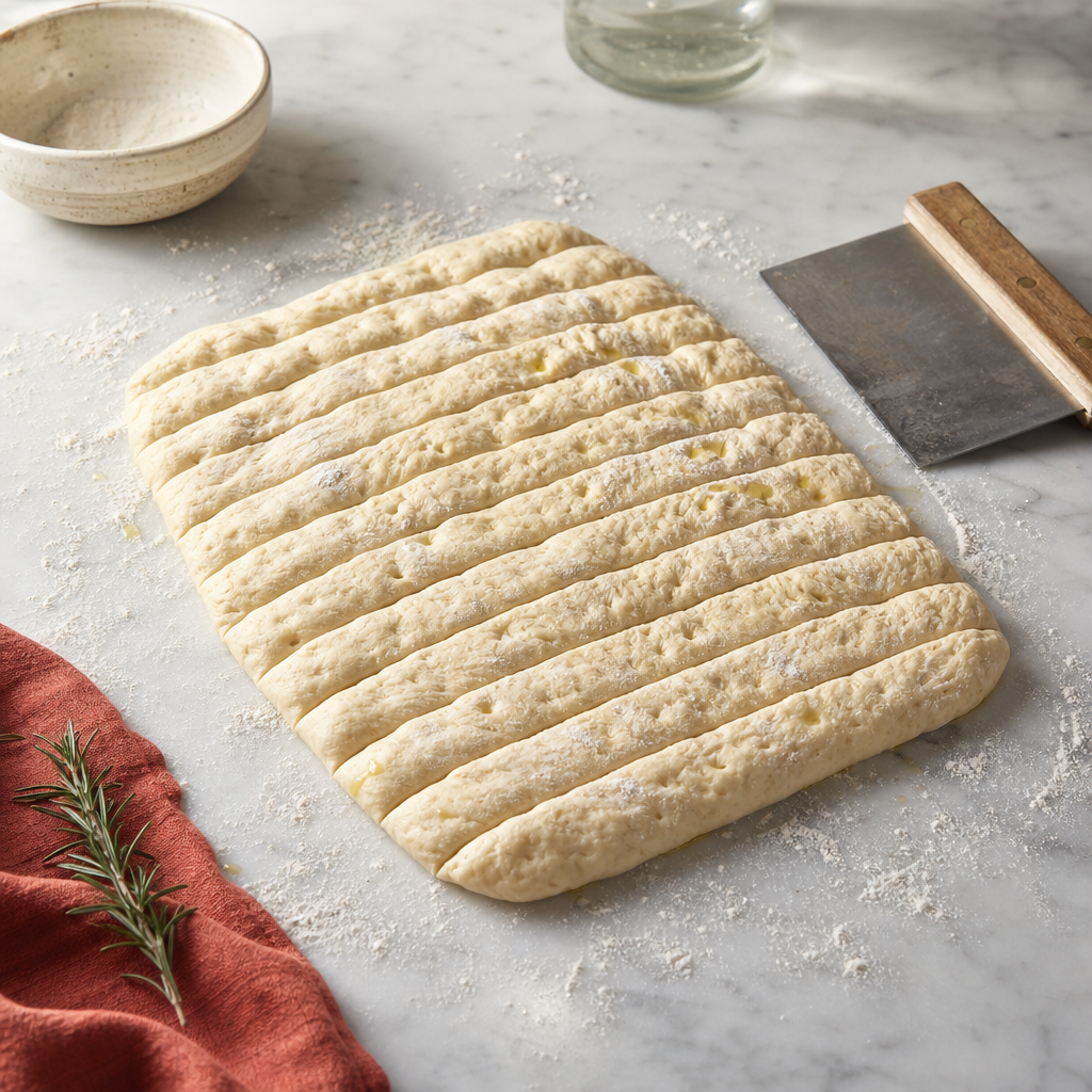 Grissini Torinesi step 4: Cut strips without deflating the slab