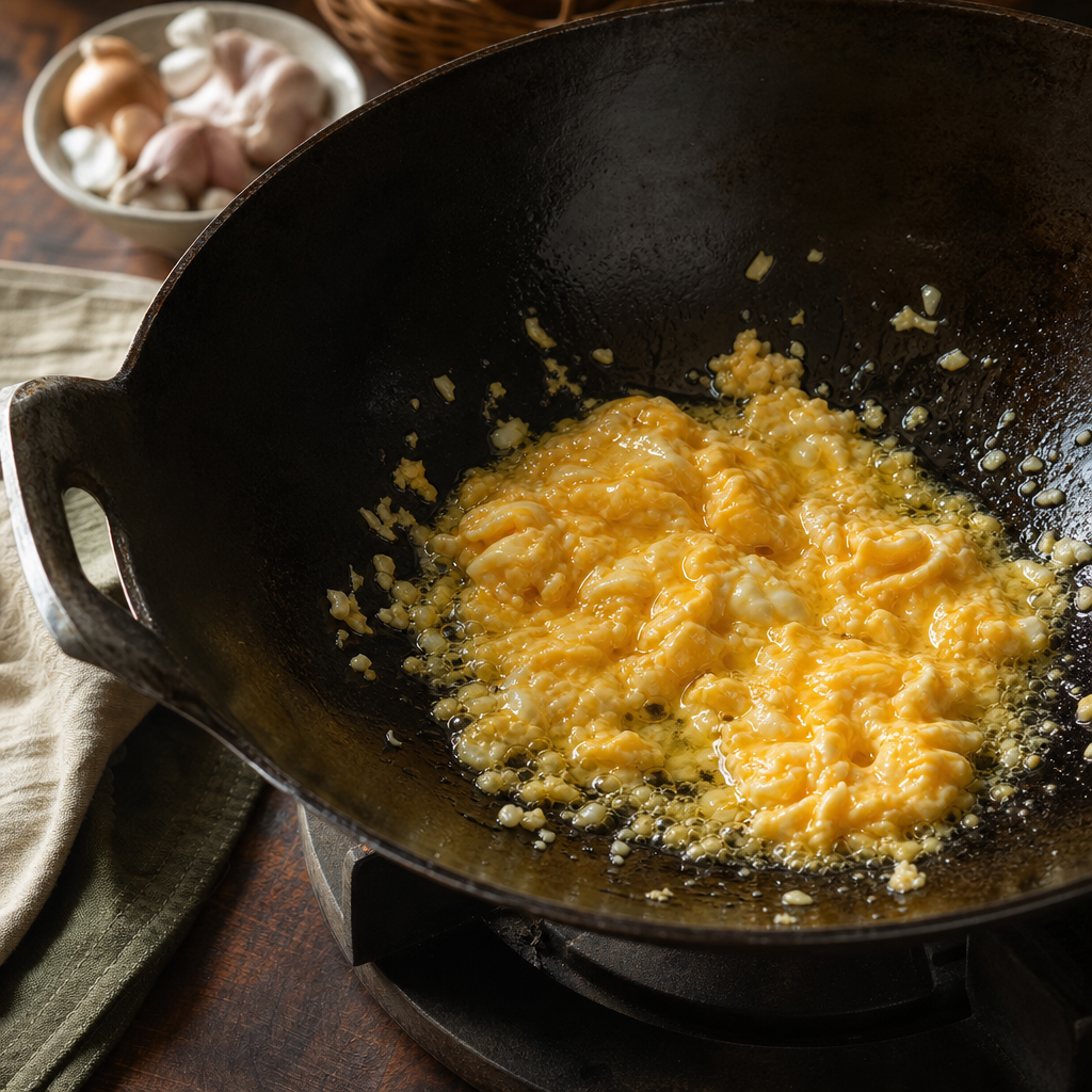 Thai Chicken Fried Rice step 4: Fry the garlic and egg