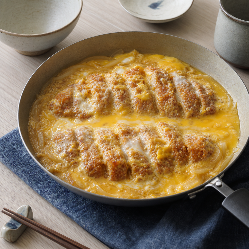 Katsudon step 8: Add the egg in two passes