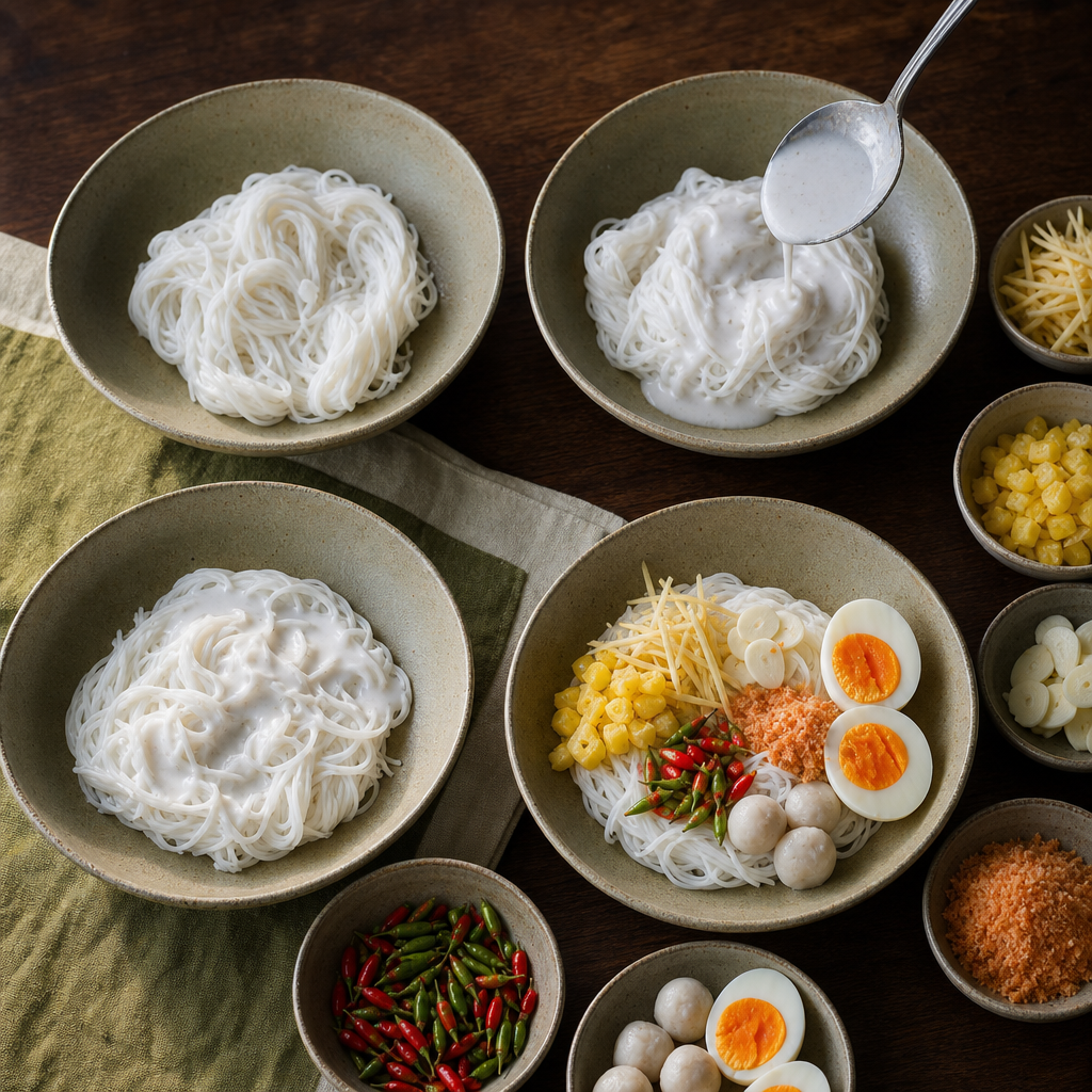 Khanom Jeen Saow Nam step 6: Assemble the bowls