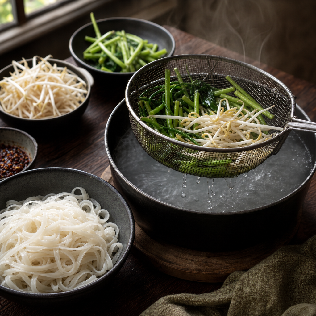 Boat Noodles step 6: Blanch vegetables and noodles