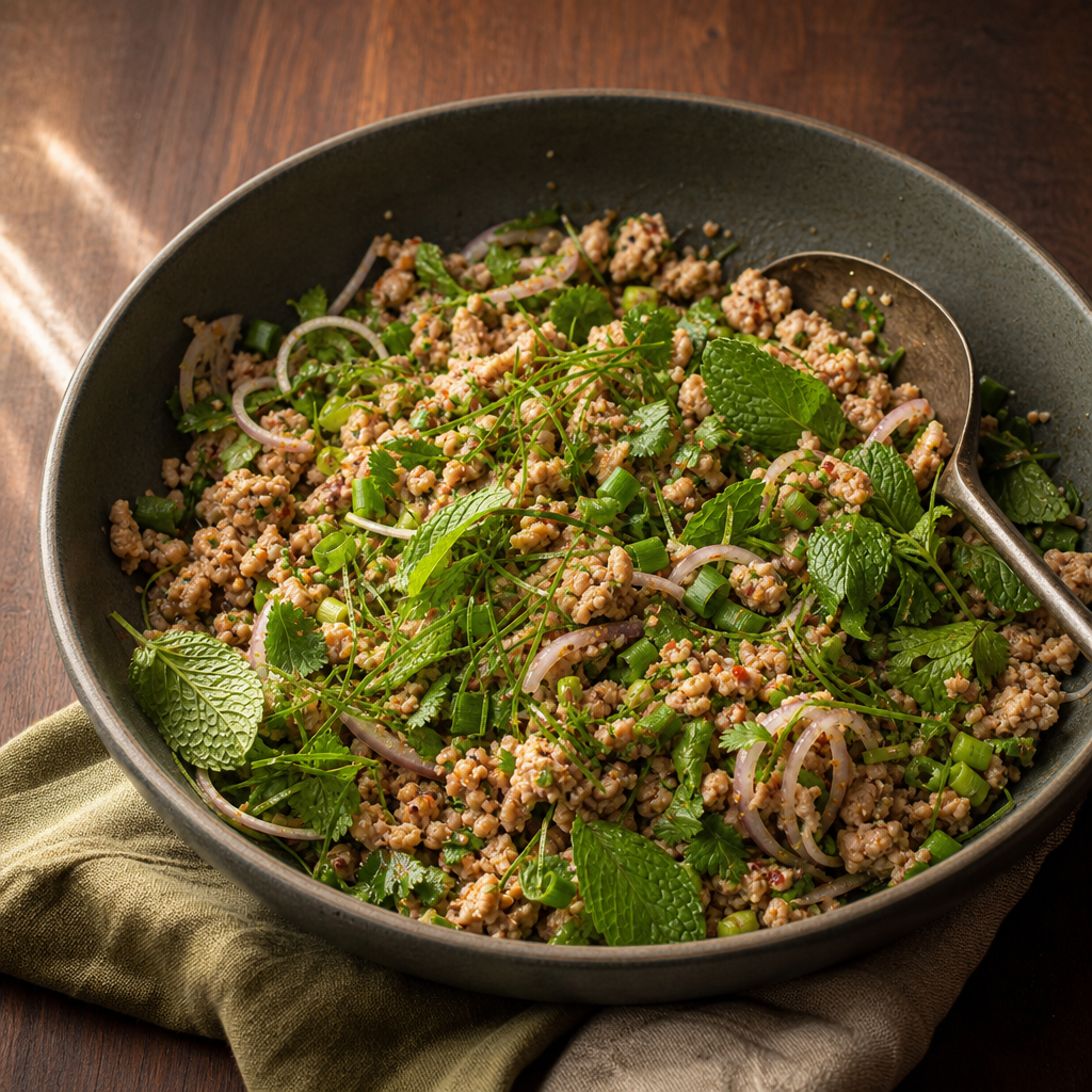 Larb Moo step 6: Fold in the herbs