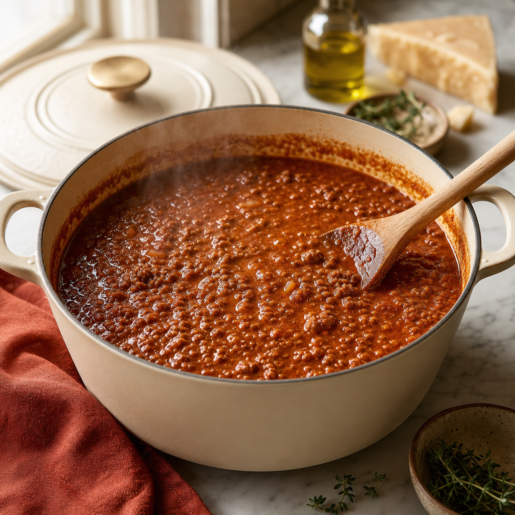 Lasagne Bolognese step 5: Simmer the ragù