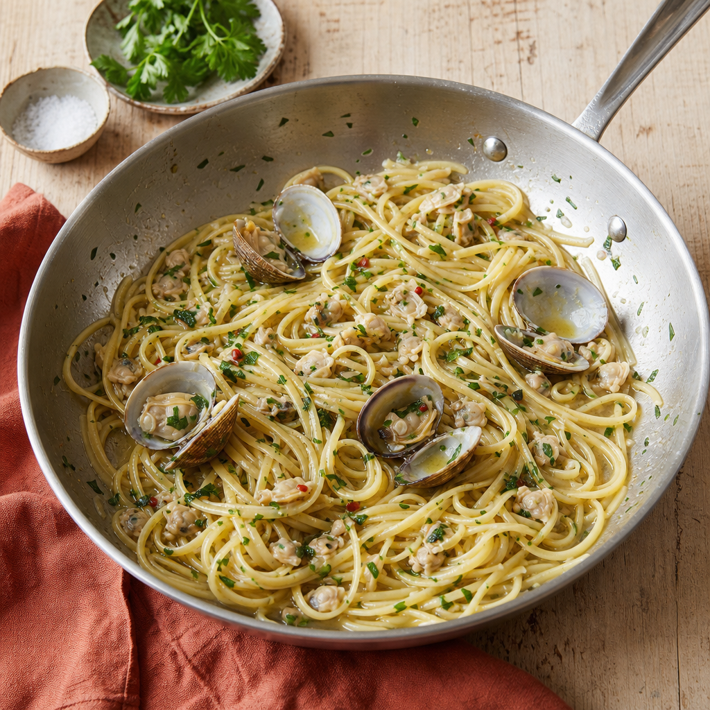 Linguine Vongole step 7: Return clams and parsley