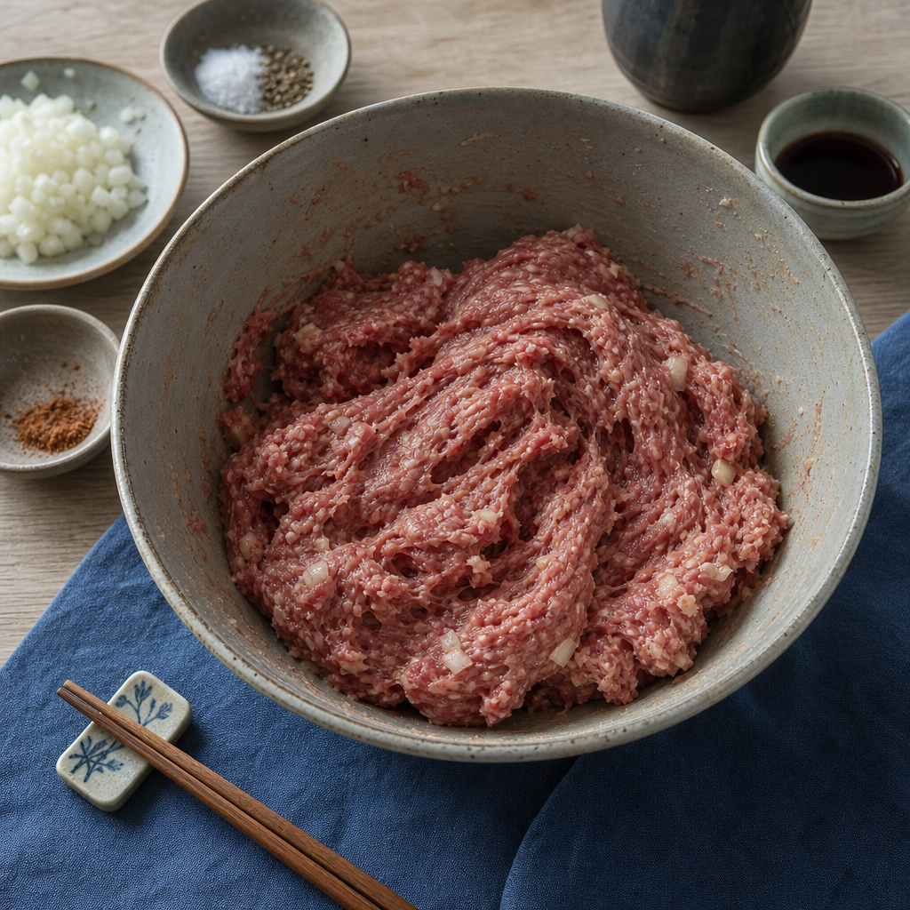 Menchi Katsu step 3: Mix the meat until sticky