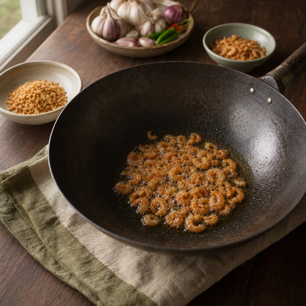 Nam Prik Pao step 4: Fry the dried shrimp