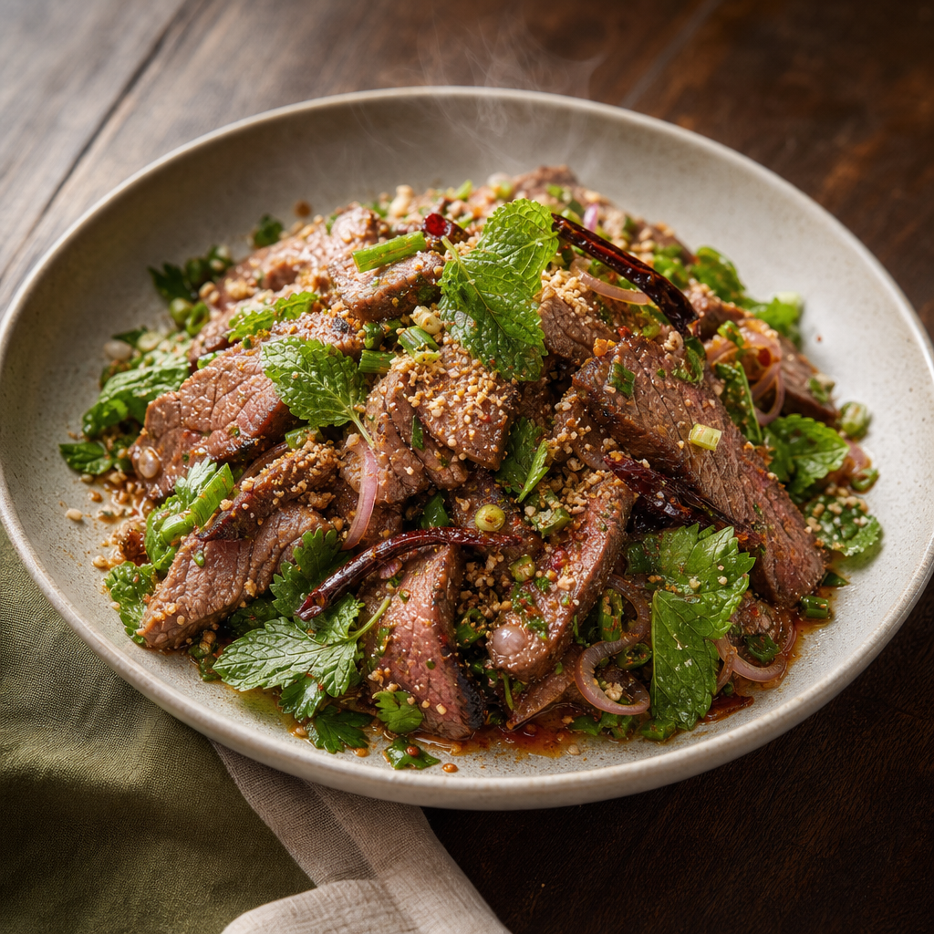 Nam Tok Nuea — finished dish