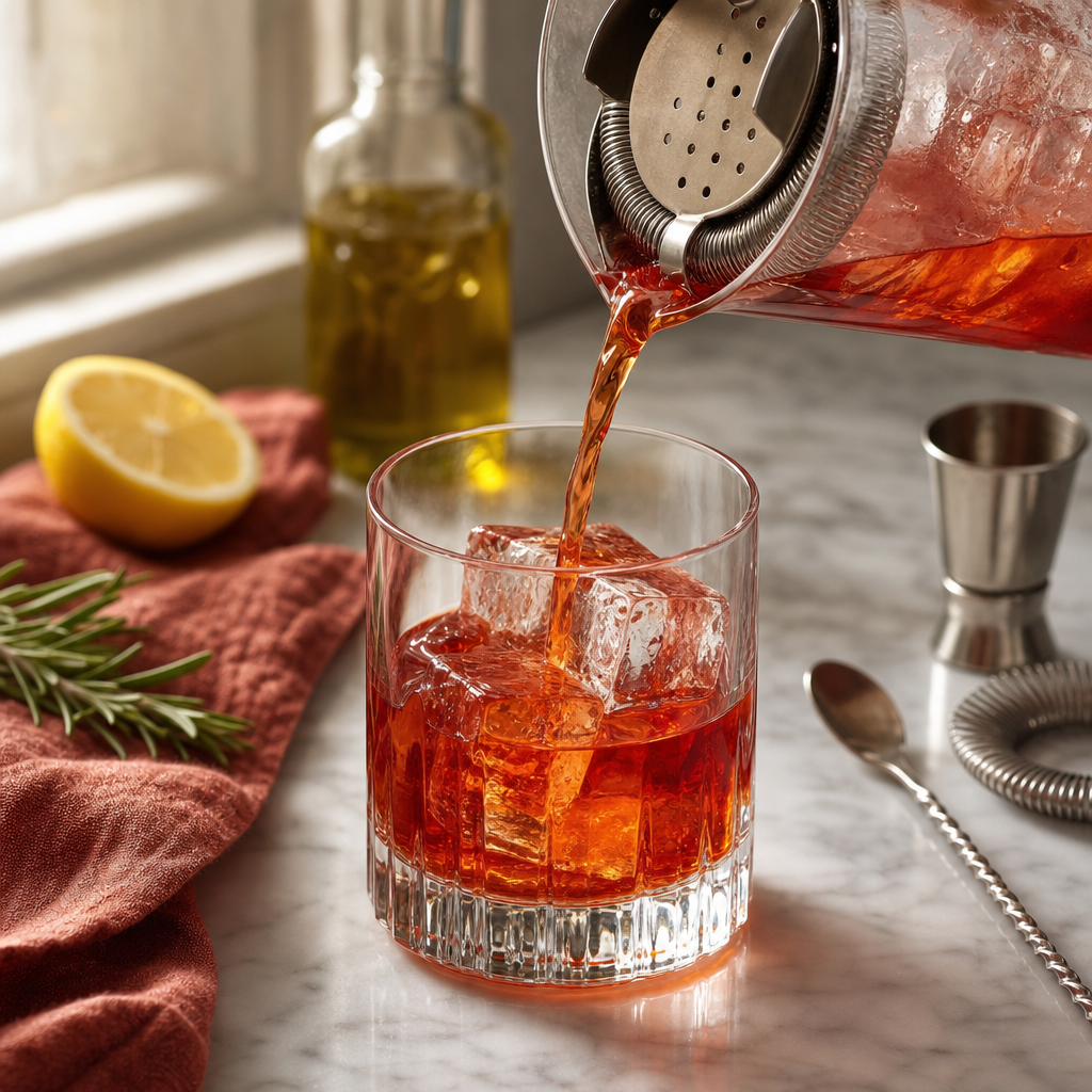Negroni step 4: Strain over fresh ice