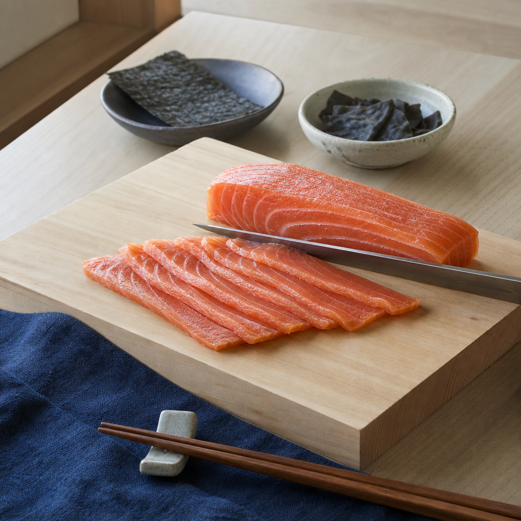 Salmon Nigiri step 6: Slice the neta