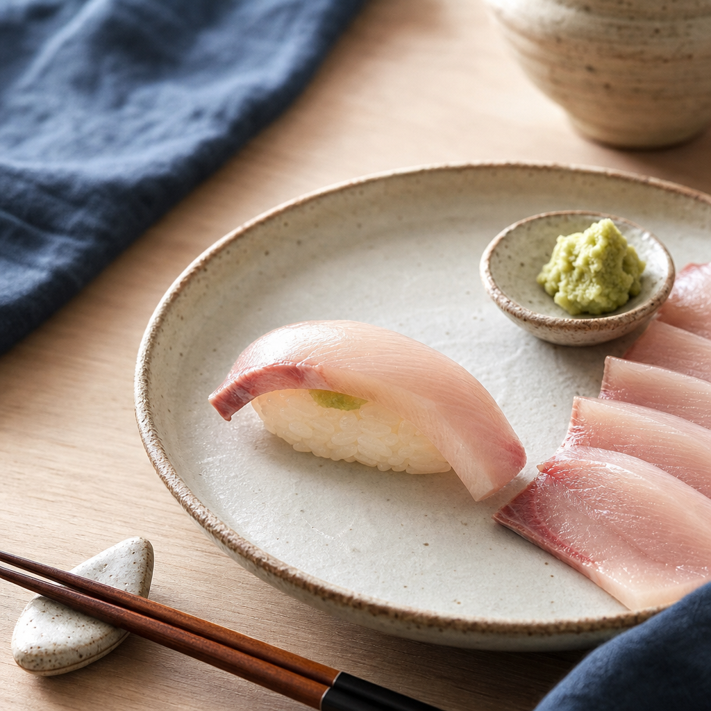 Yellowtail Nigiri step 8: Add wasabi and fish