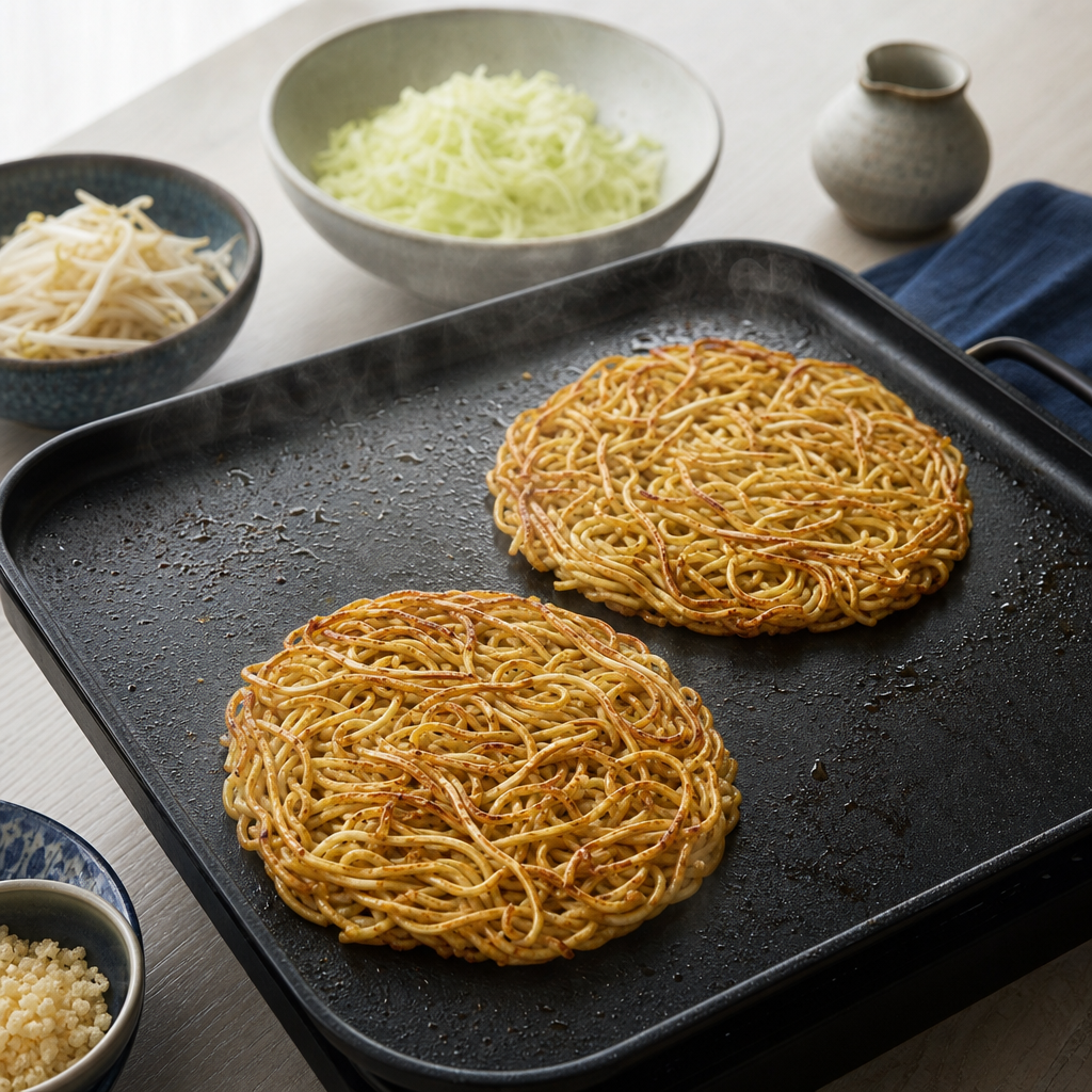 Hiroshima-Style Okonomiyaki step 8: Brown the noodles