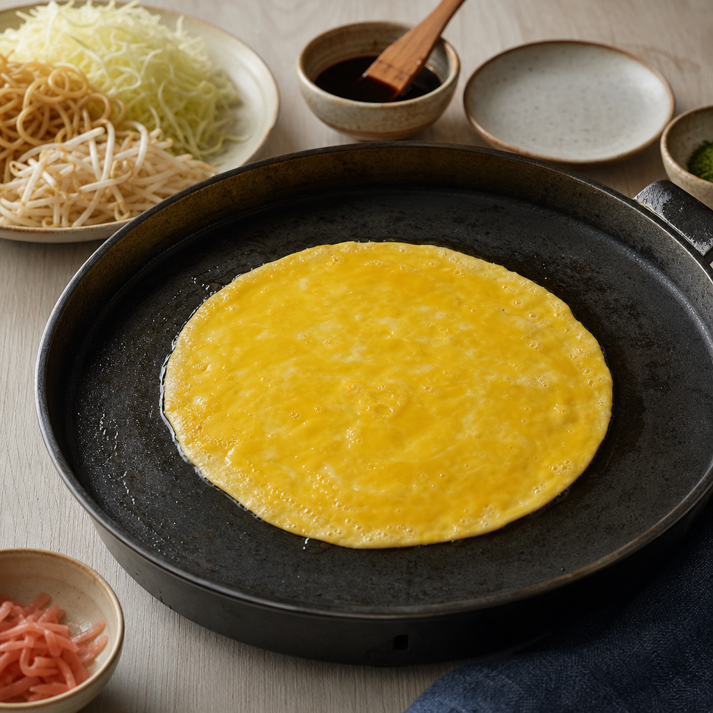 Hiroshima-Style Okonomiyaki step 10: Add the egg sheet
