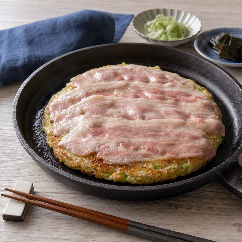 Okonomiyaki Osaka step 4: Lay on the pork