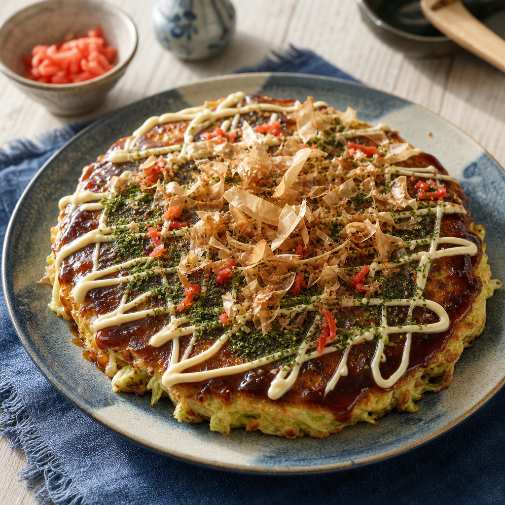 Okonomiyaki Osaka step 7: Sauce and garnish hot
