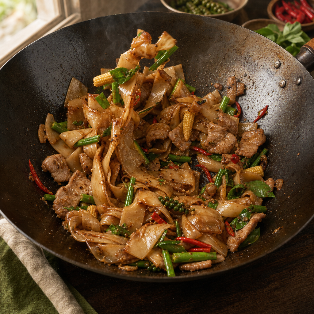 Drunken Noodles with Pork step 6: Stir-fry the noodles hard