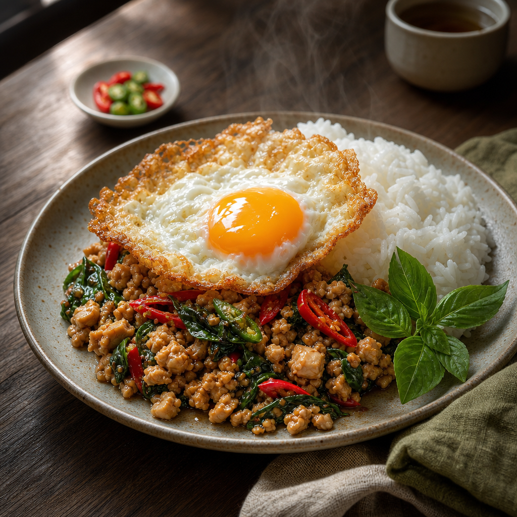 Holy Basil Chicken with Fried Egg — finished dish