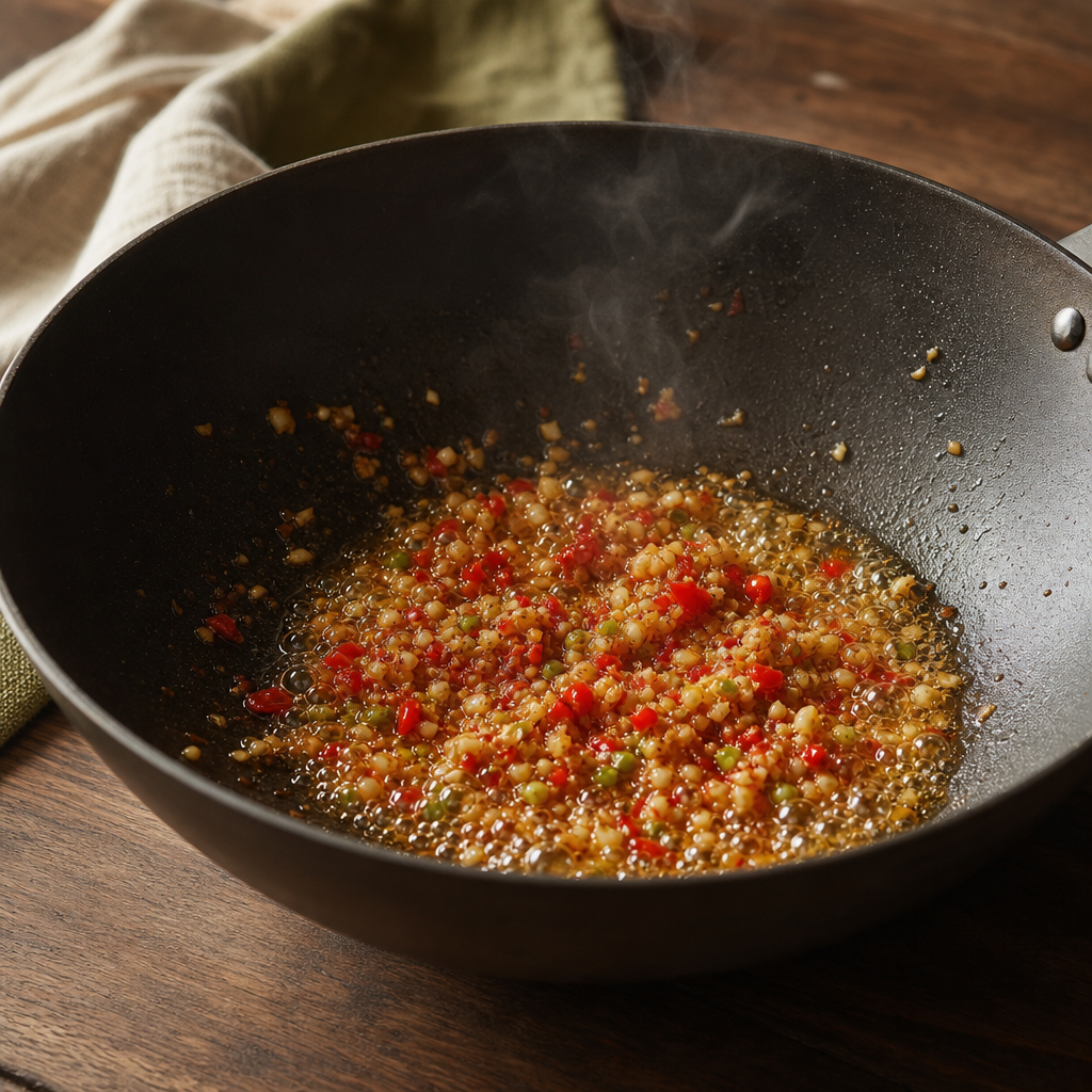 Holy Basil Chicken with Fried Egg step 4: Fry the chili-garlic paste