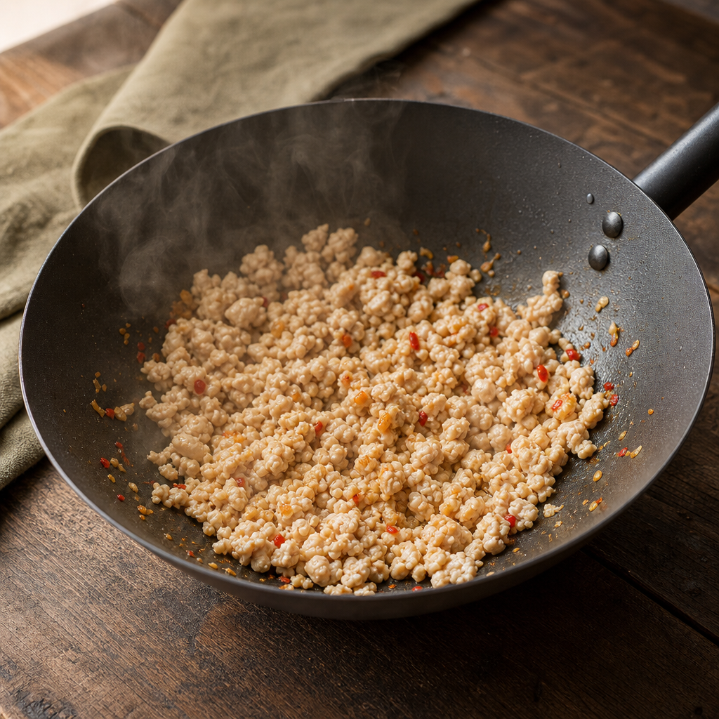 Holy Basil Chicken with Fried Egg step 5: Stir-fry the chicken hard