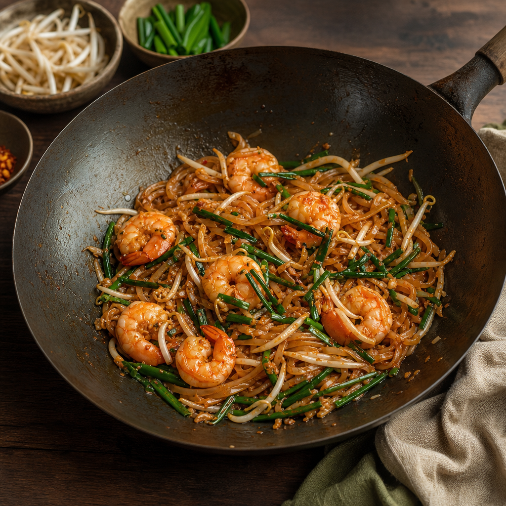 Pad Thai with Shrimp step 7: Finish with shrimp and greens