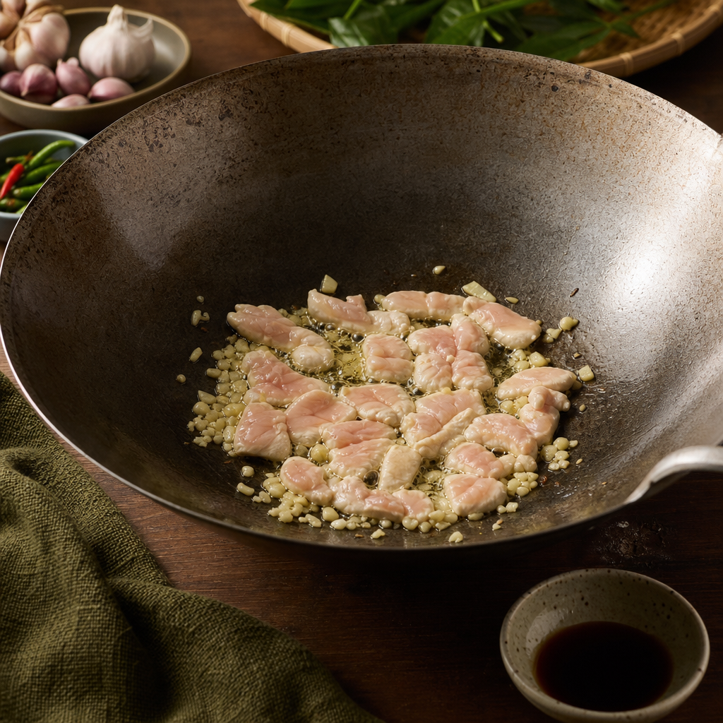 Pad Woon Sen Gai step 3: Fry the garlic and chicken