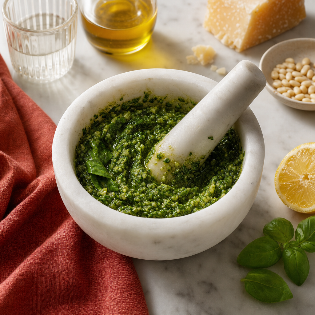 Pasta Pesto Genovese step 4: Work in the basil