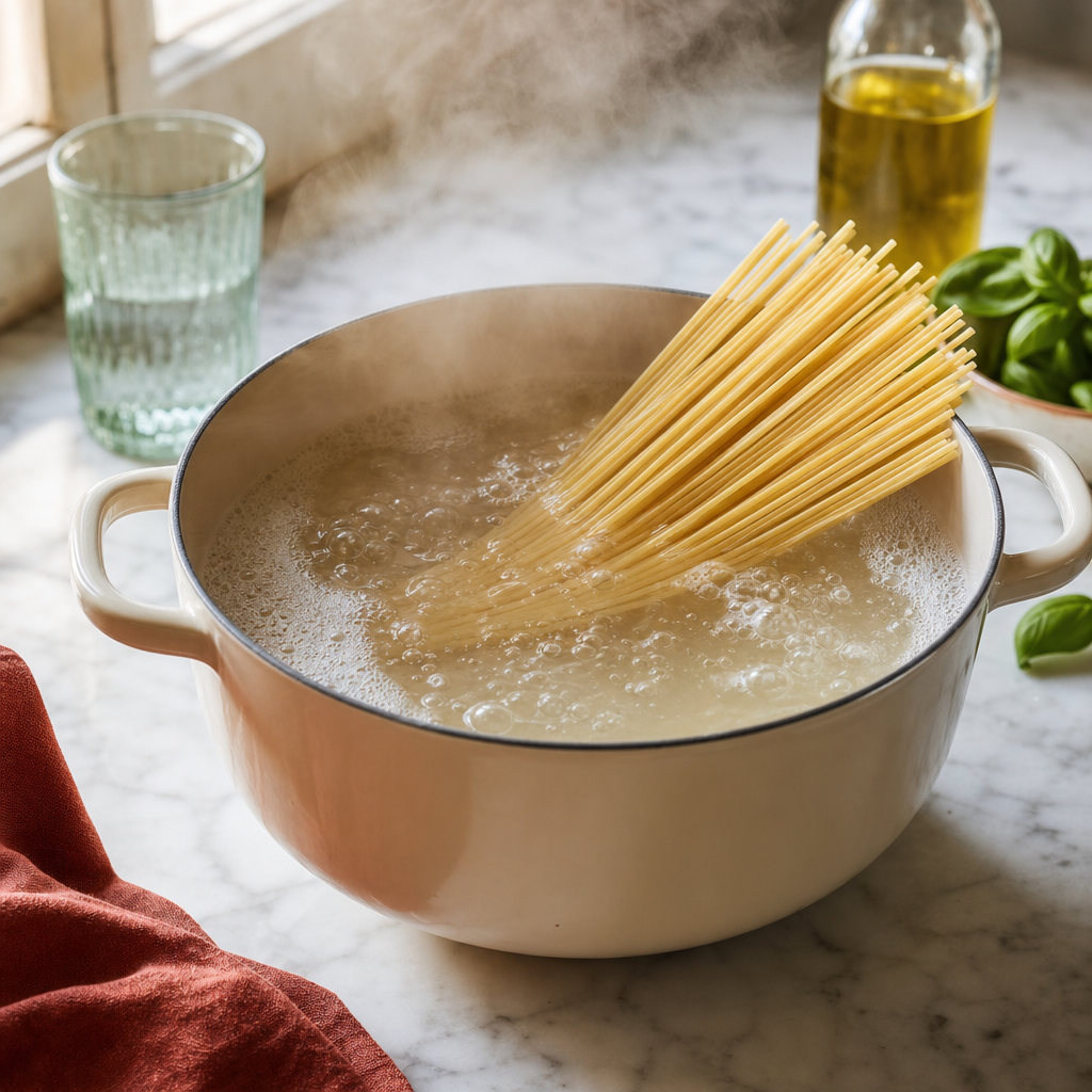Pasta Pomodoro step 5: Boil the spaghetti short of done